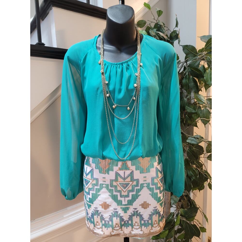 Womens Skirt Dress Medium Teal Sequin Skirt Sheer Sleeves Party Cocktail